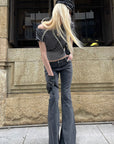 Rase le sol Dark Washed Flare Denim Pants with Slim Fit and Extended Bell Bottom Silhouette
