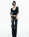 IAMXIAA Black Floral Lace Sweetheart Neck Fitted Top