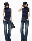 IAMXIAA Low-Rise Vintage Washed Wide-Leg Flared Jeans