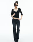 IAMXIAA Black Floral Lace Sweetheart Neck Fitted Top