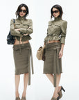 IAMXIAA Foldover Waist Tie-Detail Knit Midi Skirt