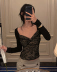 Hydrae Lace Contrast Ruched Bust Long Sleeve Top With Sheer Floral Texture