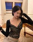 Hydrae Lace Contrast Ruched Bust Long Sleeve Top With Sheer Floral Texture