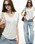 IAMXIAA T-shirt transparent à col en V avec poche