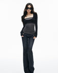 IAMXIAA Contrast Mesh Cutout Long Sleeve Top