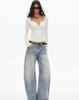 0122stepll Scoop Neck Button-Front Slim-Fit Long Sleeve T-Shirt
