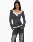 0122stepll Scoop Neck Button-Front Slim-Fit Long Sleeve T-Shirt