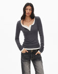 0122stepll Scoop Neck Button-Front Slim-Fit Long Sleeve T-Shirt
