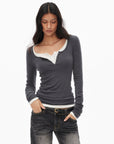 0122stepll Scoop Neck Button-Front Slim-Fit Long Sleeve T-Shirt