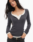0122stepll Scoop Neck Button-Front Slim-Fit Long Sleeve T-Shirt