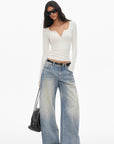 0122stepll Scoop Neck Button-Front Slim-Fit Long Sleeve T-Shirt