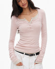 0122stepll Scoop Neck Button-Front Slim-Fit Long Sleeve T-Shirt