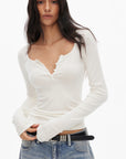 0122stepll Scoop Neck Button-Front Slim-Fit Long Sleeve T-Shirt
