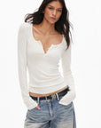0122stepll Scoop Neck Button-Front Slim-Fit Long Sleeve T-Shirt
