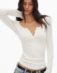 0122stepll Scoop Neck Button-Front Slim-Fit Long Sleeve T-Shirt