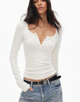 0122stepll Scoop Neck Button-Front Slim-Fit Long Sleeve T-Shirt
