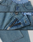 WARDEN EDGE Oversized Denim Trousers with Plaid Dual Waistband Design - PINKPARKS
