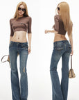 IAMXIAA Low-Rise Eyelet Pocket Distressed Flared Denim Jeans with Vintage Wash