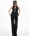 IAMXIAA Sequin Waist Halter Open-Back Peplum Top