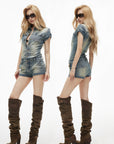 IAMXIAA Vintage Wash Fitted Denim Button-Up Short Sleeve Romper