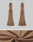 ROVENTE Ruched Mesh Maxi Dress with Detachable Floral Brooch and Flowing Hem