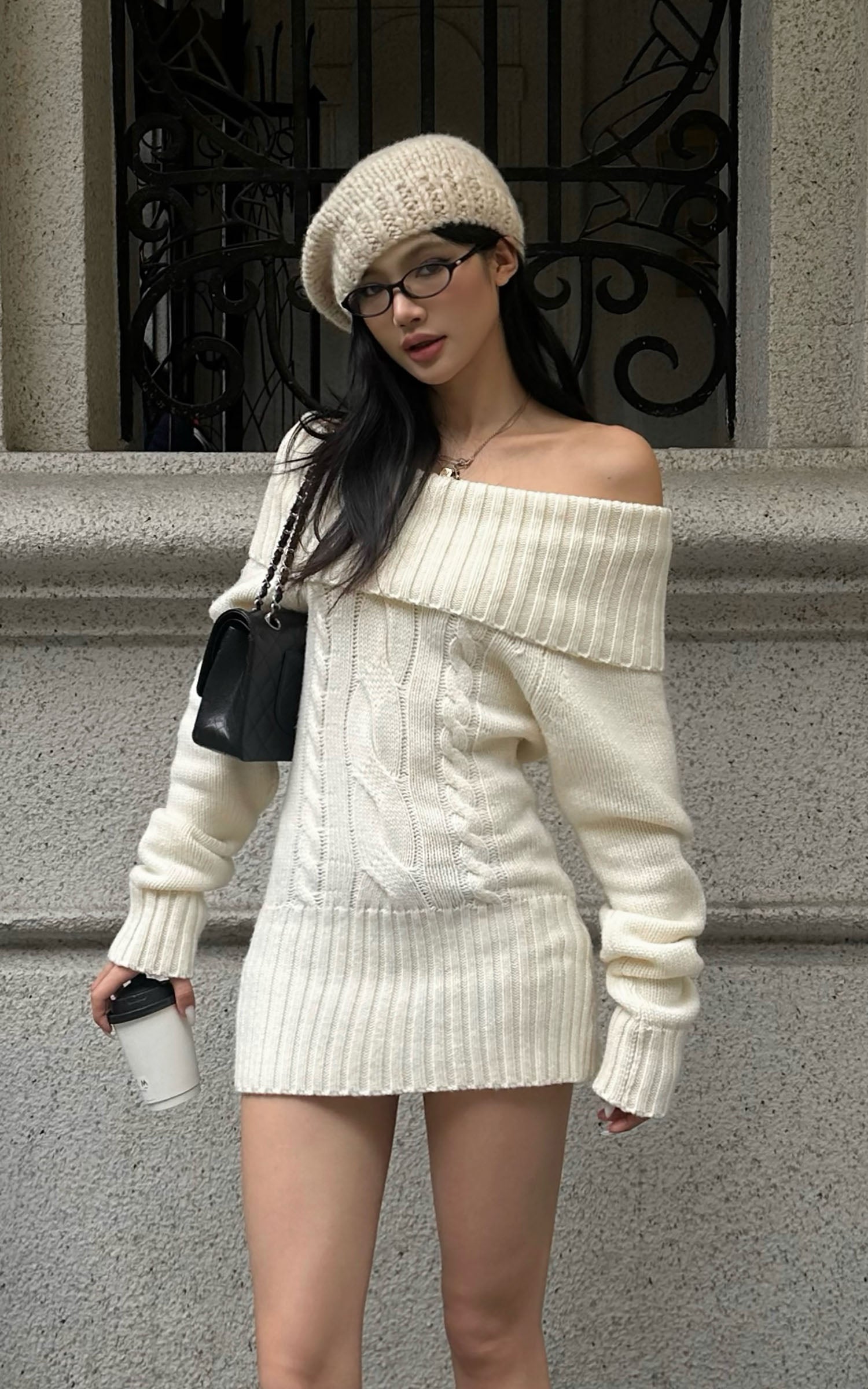 ROVENTE Off-Shoulder Cable Knit Sweater Dress M / KR 66 / JP 9 / US 4 / Apricot
