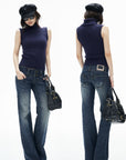 IAMXIAA Retro Slim-Fit Turtleneck Sleeveless Wool Knit Top with Ribbed Hem