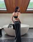 0122stepll Robe maxi drapée sans bretelles à découpes