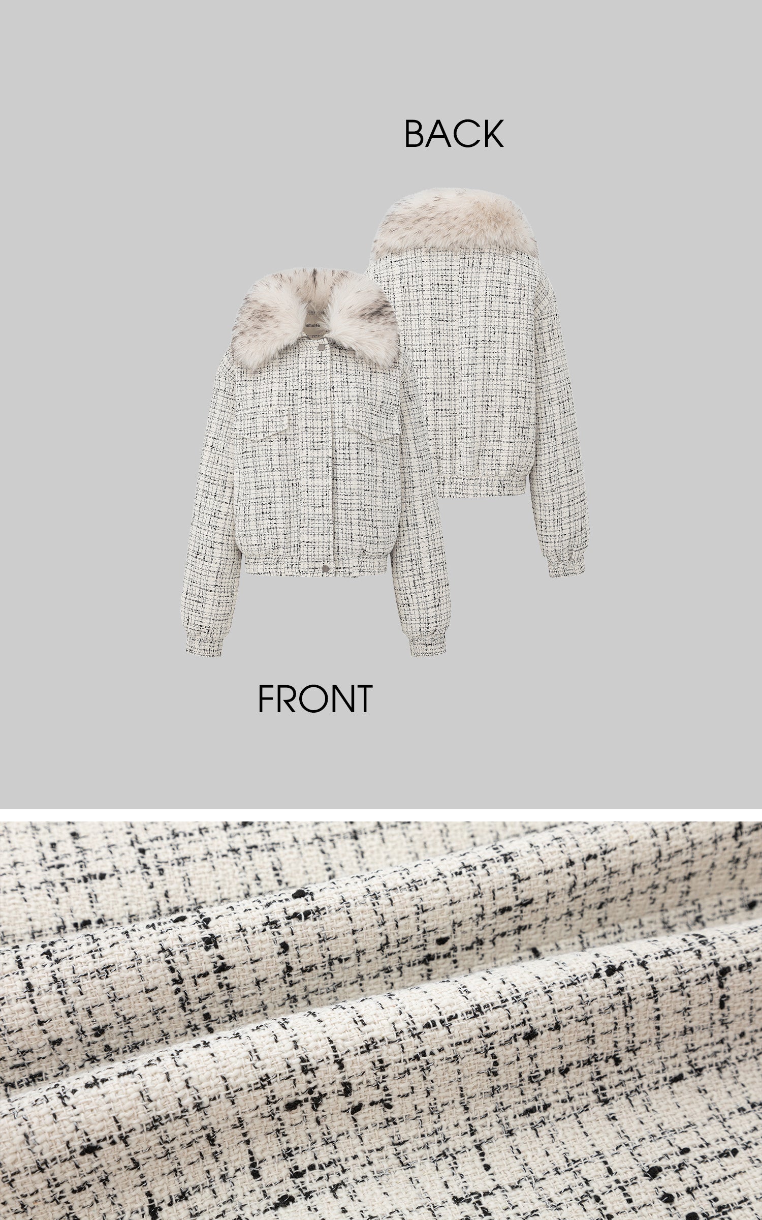 IAMXIAA Faux Fur Collar Tweed Short Jacket Women Winter Padded Cropped Outerwear