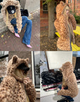Rase le sol Leopard Plush Zip-Up Jacket with Sculpted Waist & Ear-Detail Hood