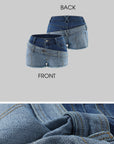 RASE LE SOL Layered Two-Tone Asymmetric Low-Rise Denim Shorts