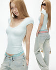 IAMXIAA Soft Stretch V-Neck Body-Hugging Cap Sleeve Top