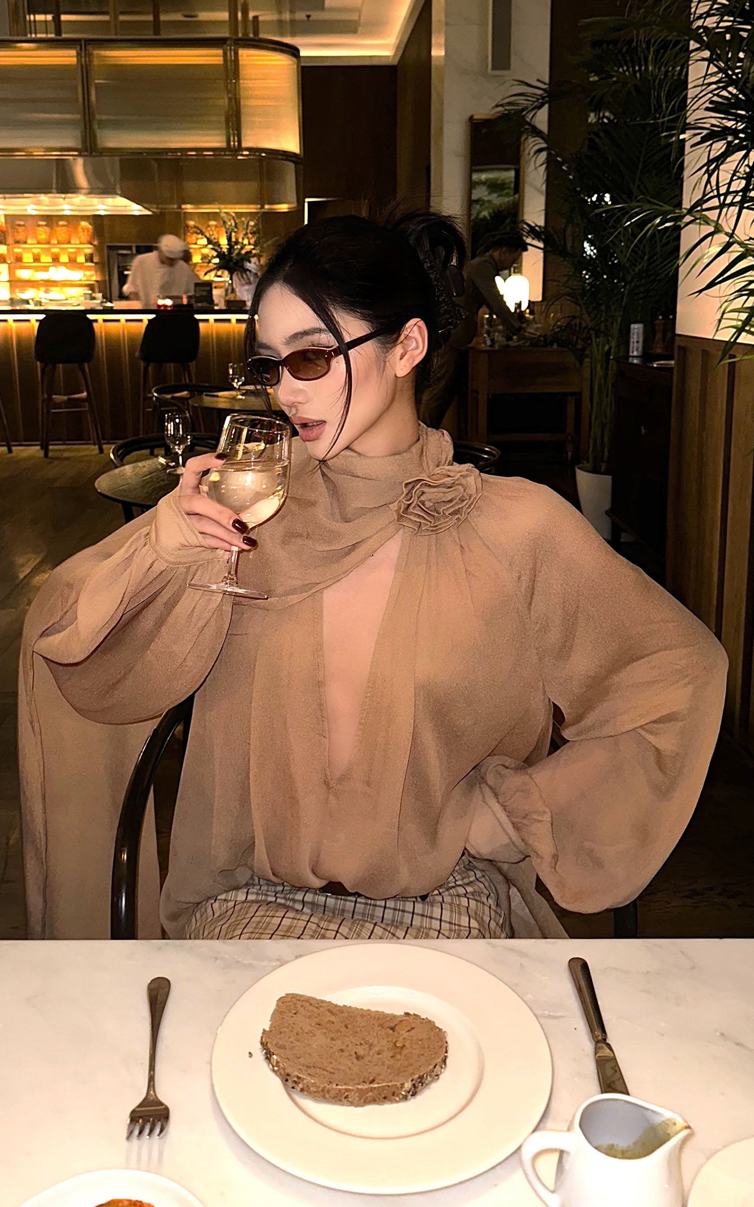 ROVENTE Draped Scarf Blouse with Flower Detail