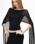 IAMXIAA Sheer Ribbed Knit Cape Sleeve Open Back Cropped Top
