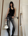 0122stepll Washed Black Flare Denim Pants