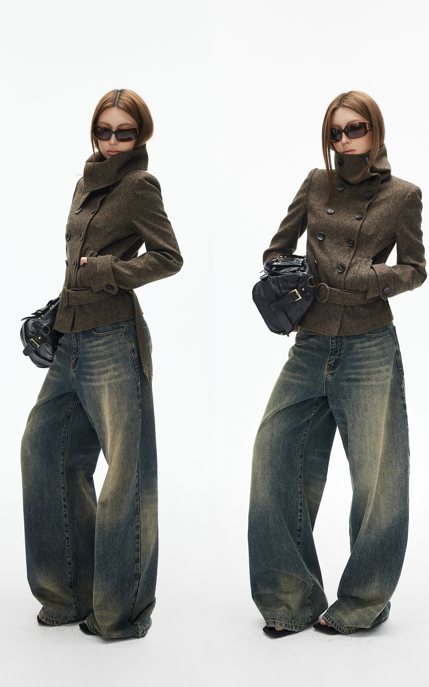 IAMXIAA ウール風ハイネックベルト付きダブルブレストジャケット