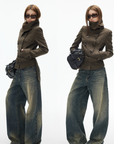IAMXIAA Wool-Like High Neck Belted Double-Breasted Jacket