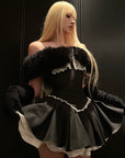 Rase le sol Velvet Faux Fur Off Shoulder Dress with Lace Trim and Matching Gloves