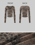 Hydrae Leopard Print Long Sleeve Top With Fitted Silhouette And Lace Trim Details