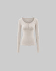0122stepll Scoop Neck Button-Front Slim-Fit Long Sleeve T-Shirt