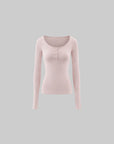 0122stepll Scoop Neck Button-Front Slim-Fit Long Sleeve T-Shirt