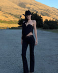 ROVENTE Lace Trim Tie Waist Flared Pants
