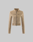 Hydrae Sand Suede Moto Cropped Jacket with Sculpted Paneling and Metal Zip Details