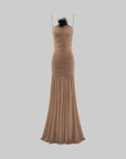 ROVENTE Ruched Mesh Maxi Dress with Detachable Floral Brooch and Flowing Hem