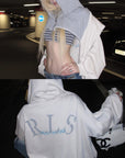 Rase le sol Layered Double-Hood Oversized Graphic Zip-Up Sweatshirt Jacket