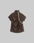 DOINDULGE High Neck Ruched Button T-Shirt