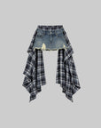 WARDEN EDGE Deconstructed Plaid Draped Distressed Denim Mini Skirt