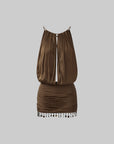 ROVENTE Draped Beaded Hem Mini Dress - PINKPARKS