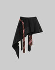 WARDEN EDGE Asymmetric Pinstripe Mini Skirt with Tie Detail and Lace Trim