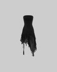 WARDEN EDGE Strapless Asymmetric Ruffle Dress Sheer Layered Midi Dress